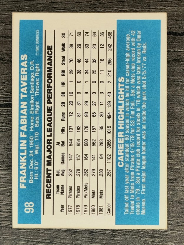 1982 Donruss #98 Frank Taveras