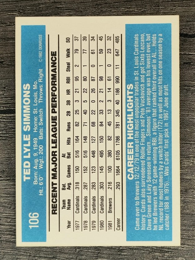 1982 Donruss #106 Ted Simmons
