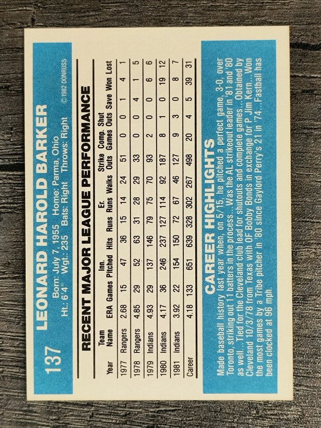 1982 Donruss #137 Len Barker