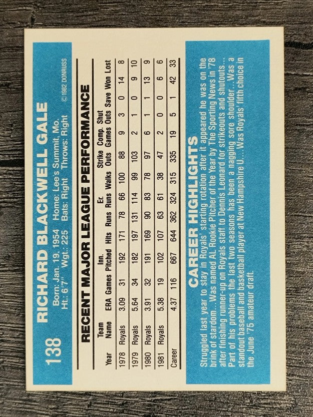 1982 Donruss #138 Rich Gale