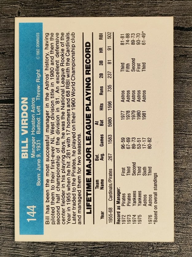 1982 Donruss #144 Bill Virdon MG