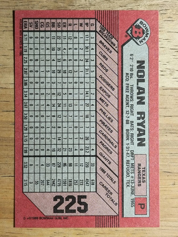 1989 Bowman #225 Nolan Ryan