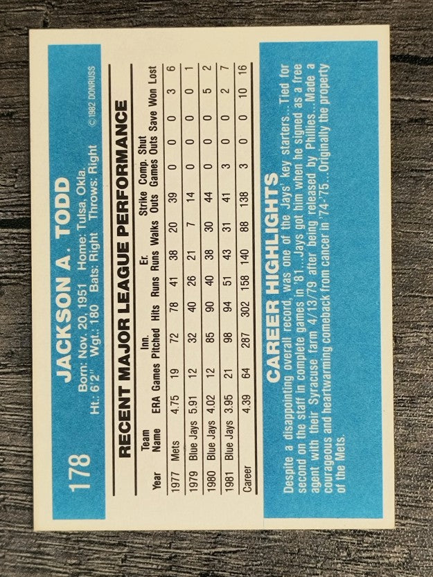 1982 Donruss #178 Jackson Todd