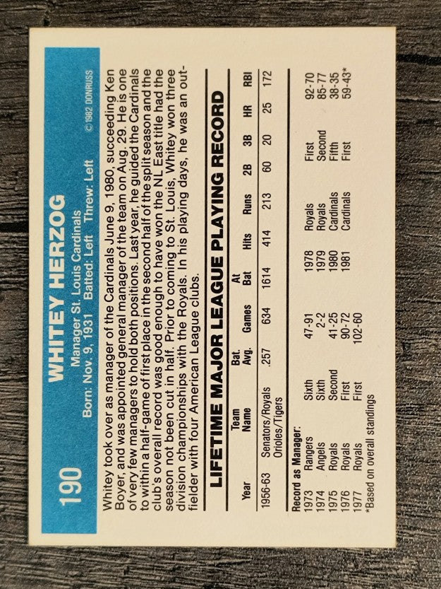 1982 Donruss #190 Whitey Herzog MG
