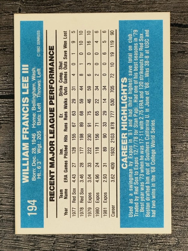 1982 Donruss #194 Bill Lee