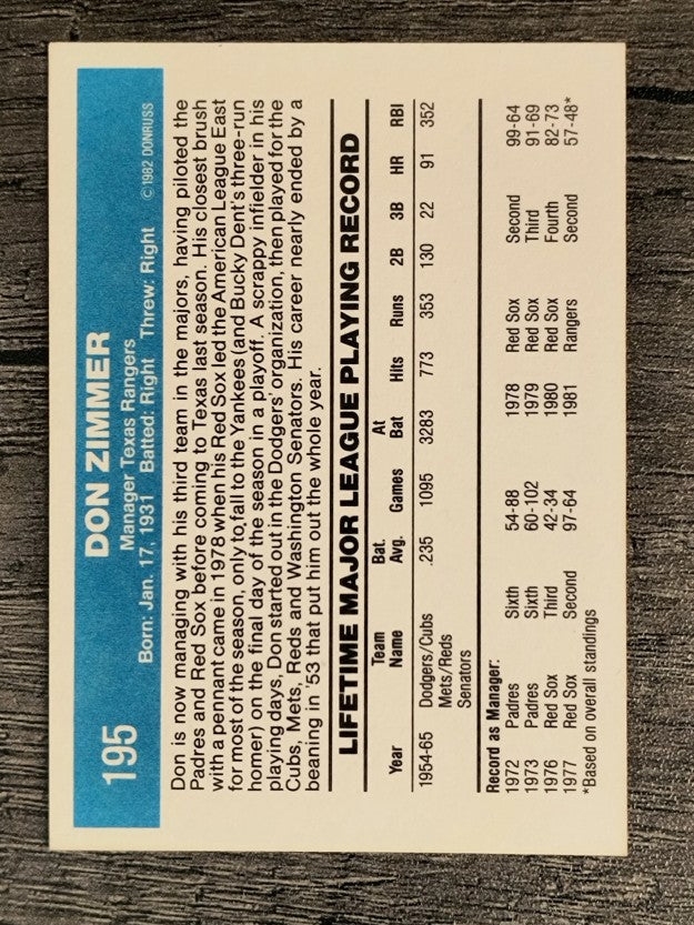 1982 Donruss #195 Don Zimmer MG