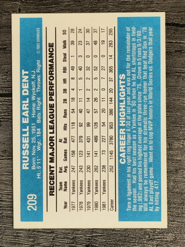 1982 Donruss #209 Bucky Dent