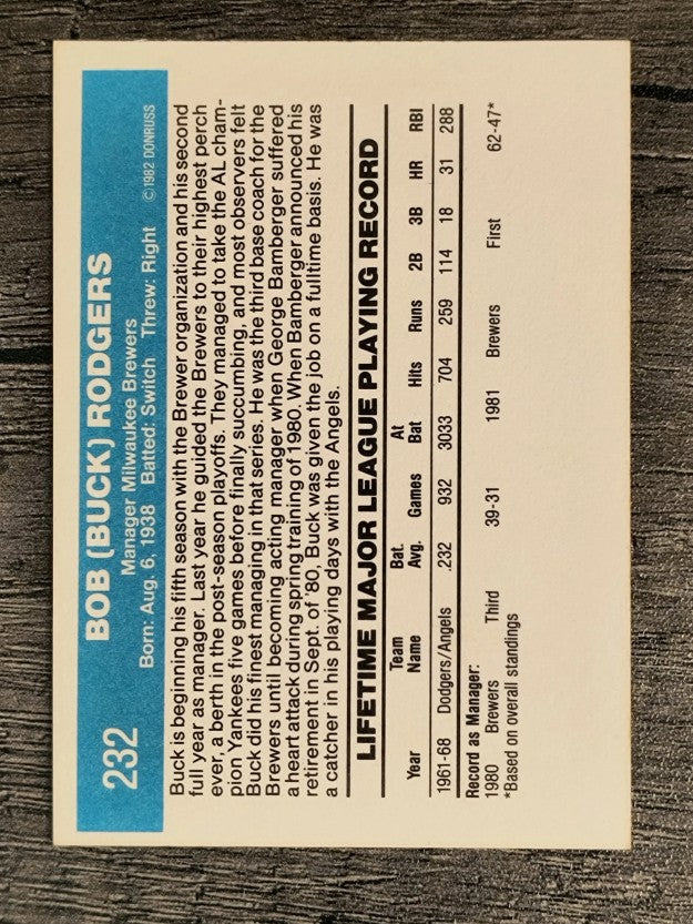 1982 Donruss #232 Bob Rodgers MG
