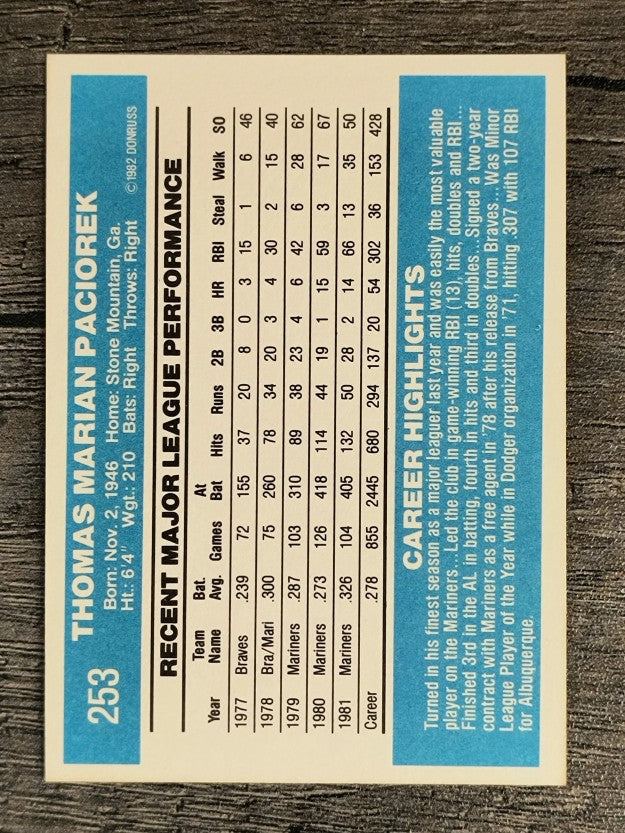 1982 Donruss #253 Tom Paciorek