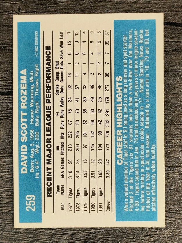 1982 Donruss #259 Dave Rozema