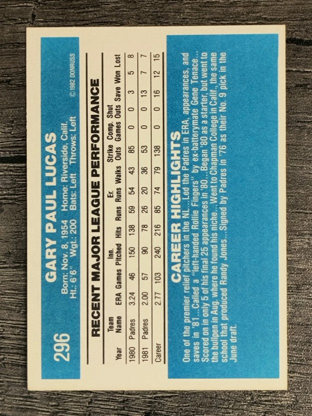 1982 Donruss #296 Gary Lucas