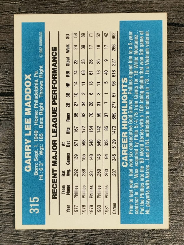 1982 Donruss #315 Garry Maddox