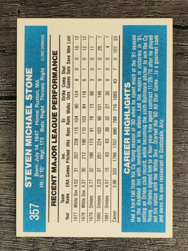 1982 Donruss #357 Steve Stone
