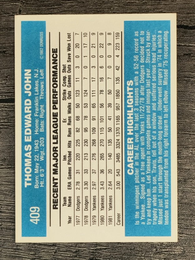 1982 Donruss #409 Tommy John