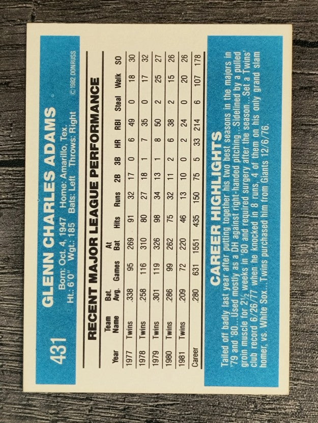 1982 Donruss #431 Glenn Adams
