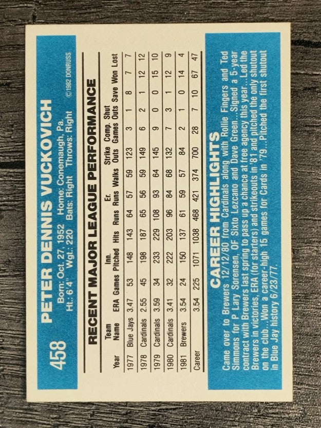 1982 Donruss #458 Pete Vuckovich
