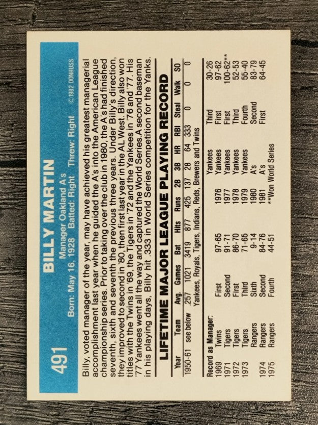 1982 Donruss #491 Billy Martin MG