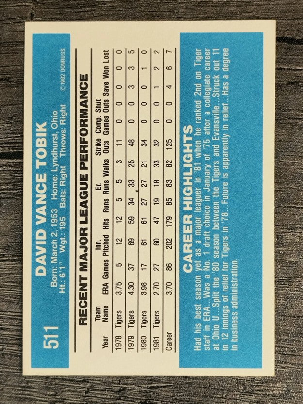 1982 Donruss #511 Dave Tobik