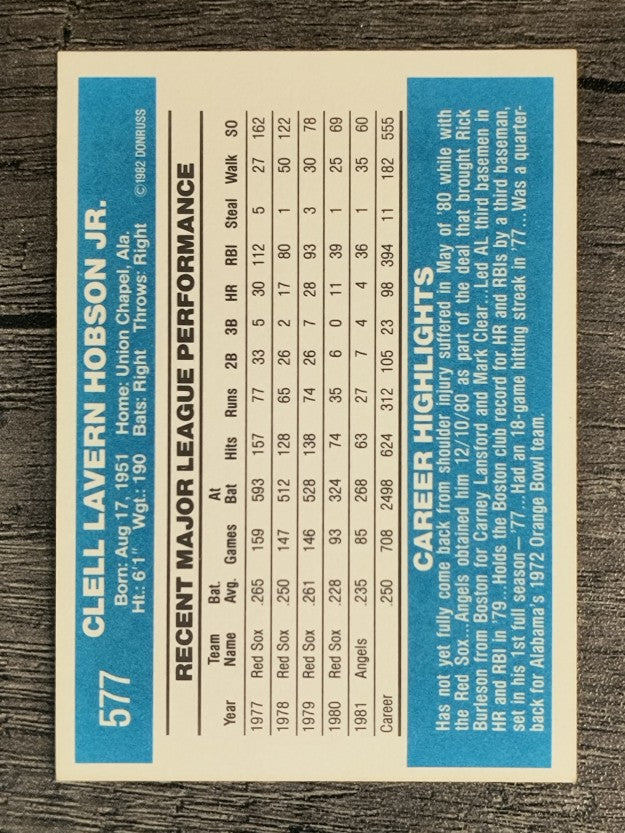 1982 Donruss #577 Butch Hobson