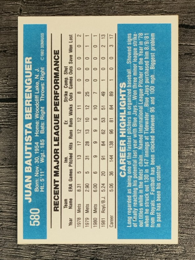 1982 Donruss #580 Juan Berenguer