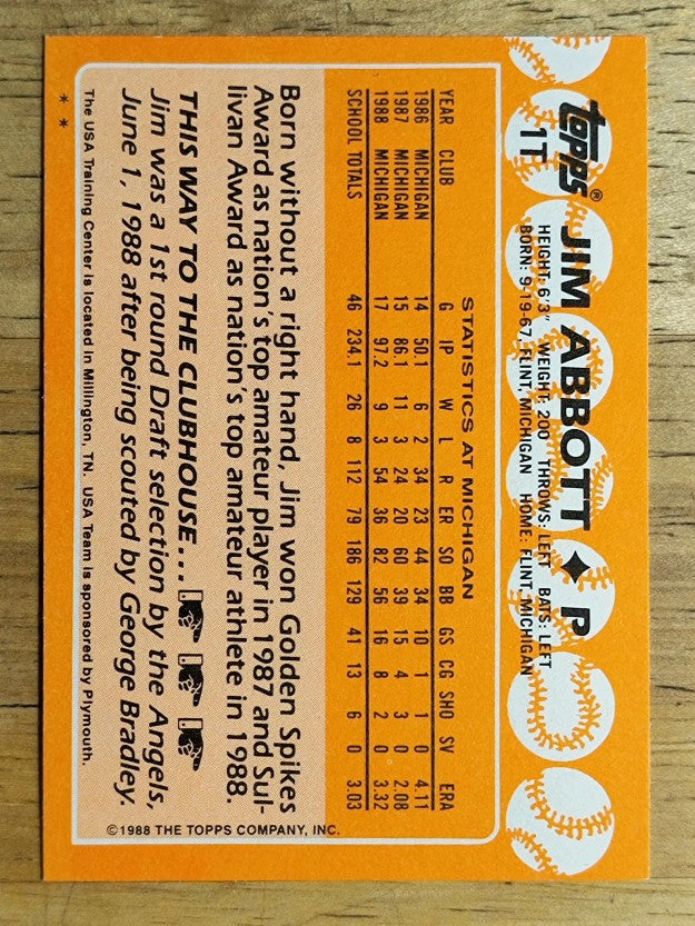 1988 Topps Traded #1T Jim Abbott OLY XRC