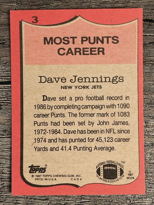 1987 Topps #3 Dave Jennings RB