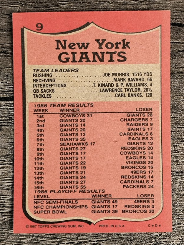 1987 Topps #9 New York Giants TL/Mark Bavaro