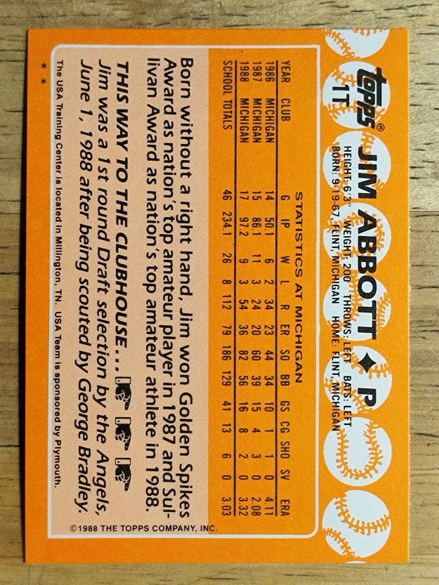 1988 Topps Traded #1T Jim Abbott OLY XRC