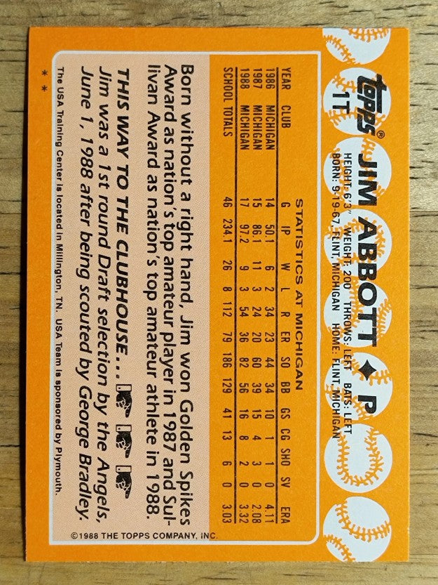 1988 Topps Traded #1T Jim Abbott OLY XRC