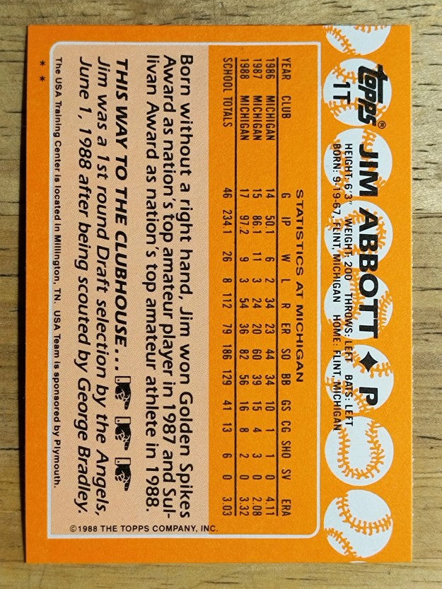 1988 Topps Traded #1T Jim Abbott OLY XRC