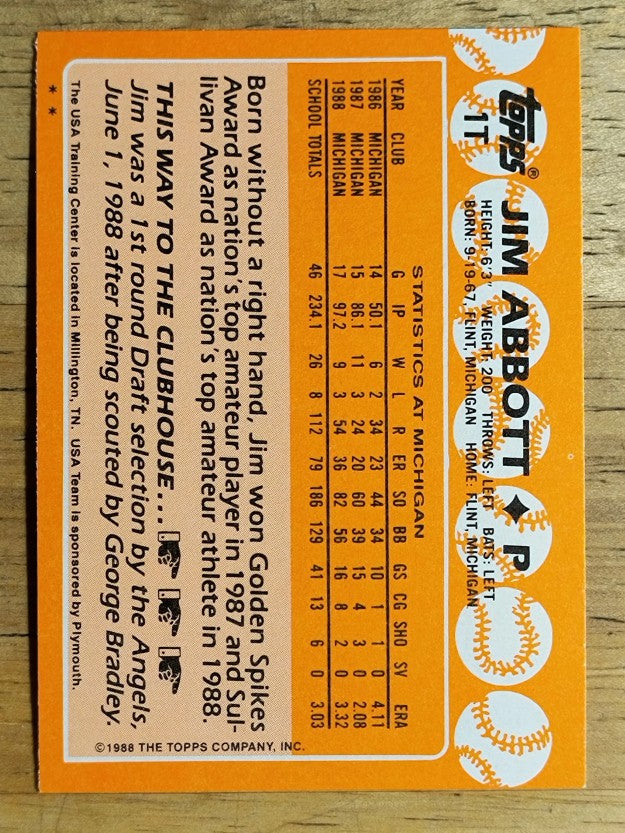 1988 Topps Traded #1T Jim Abbott OLY XRC