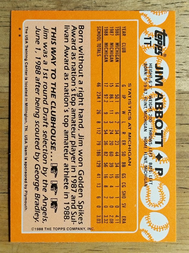 1988 Topps Traded #1T Jim Abbott OLY XRC