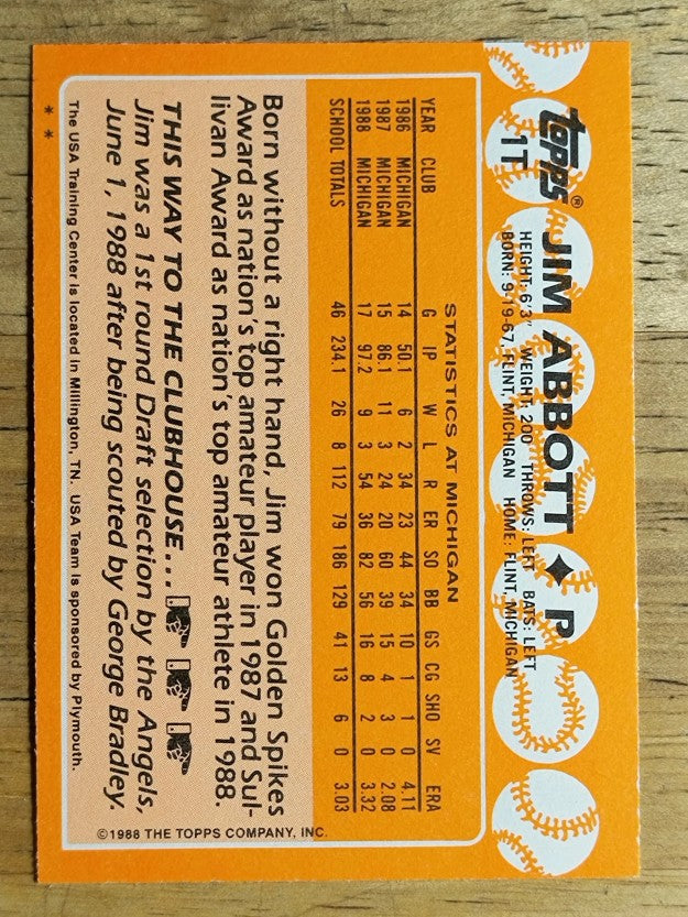 1988 Topps Traded #1T Jim Abbott OLY XRC