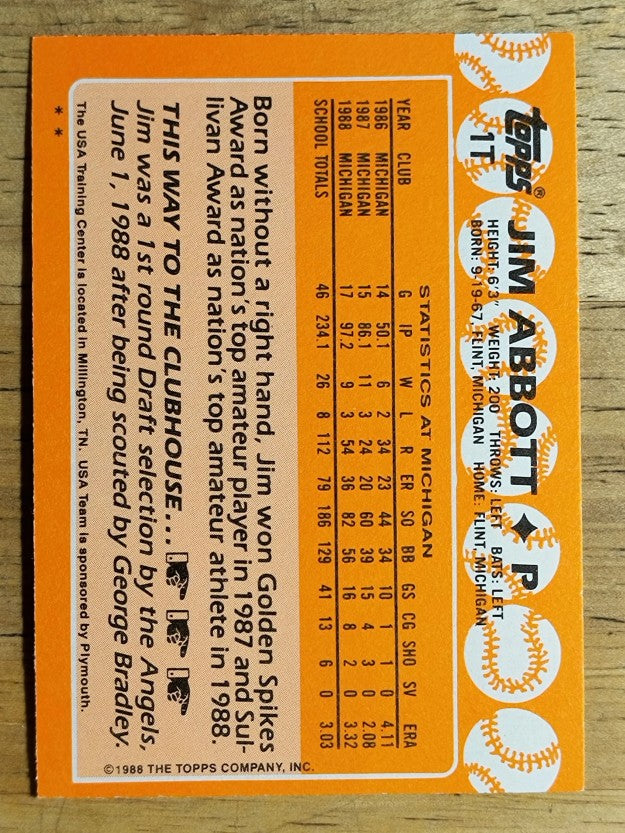 1988 Topps Traded #1T Jim Abbott OLY XRC