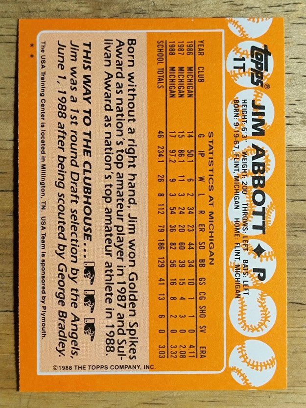 1988 Topps Traded #1T Jim Abbott OLY XRC