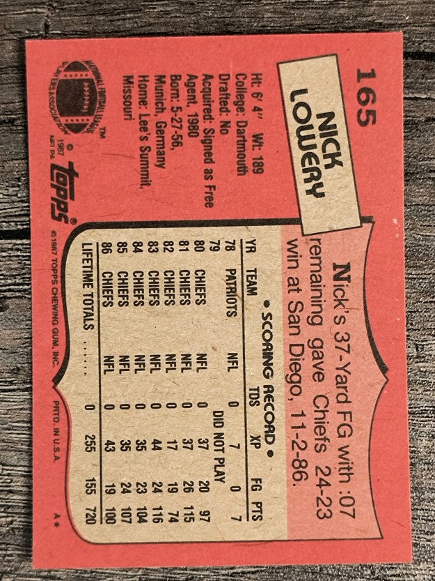 1987 Topps #165 Nick Lowery