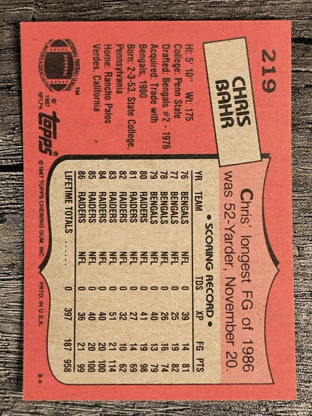 1987 Topps #219 Chris Bahr