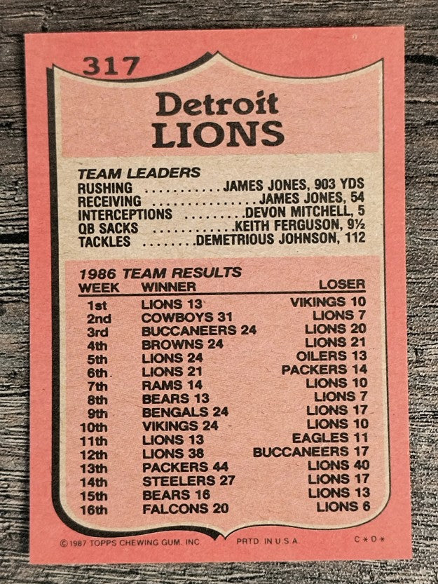 1987 Topps #317 Lions TL/Eric Hipple