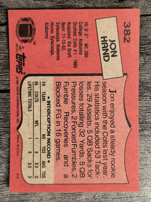 1987 Topps #382 Jon Hand RC