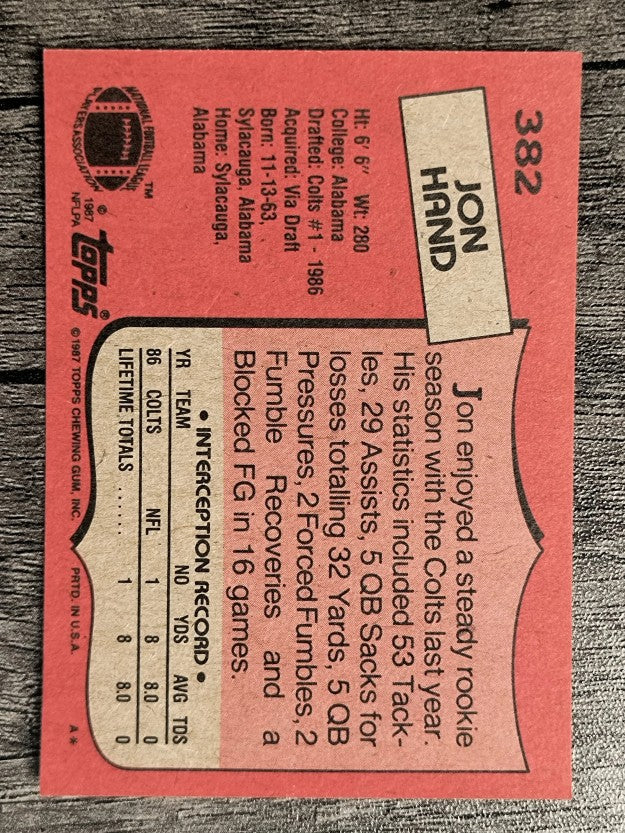 1987 Topps #382 Jon Hand RC