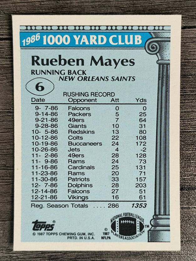 1987 Topps 1000 Yard Club #6 Rueben Mayes