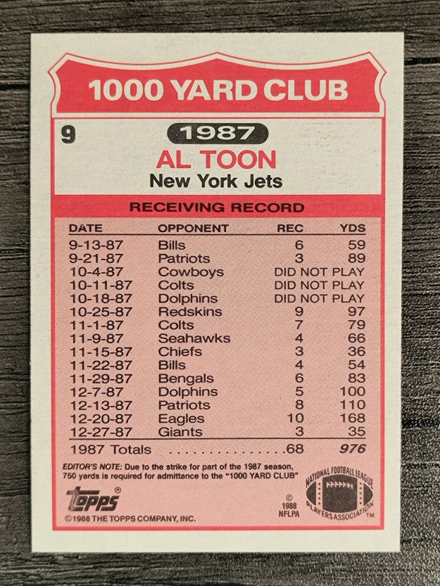 1988 Topps 1000 Yard Club #9 Al Toon