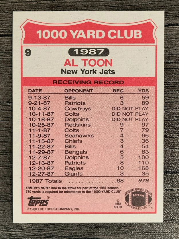 1988 Topps 1000 Yard Club #9 Al Toon