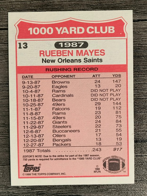 1988 Topps 1000 Yard Club #13 Rueben Mayes