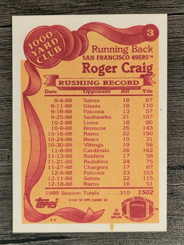 1989 Topps 1000 Yard Club #3 Roger Craig