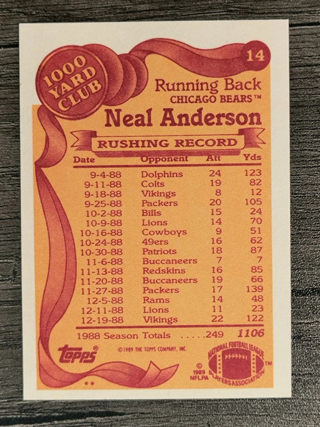 1989 Topps 1000 Yard Club #14 Neal Anderson