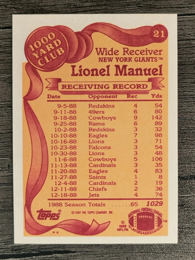 1989 Topps 1000 Yard Club #21 Lionel Manuel