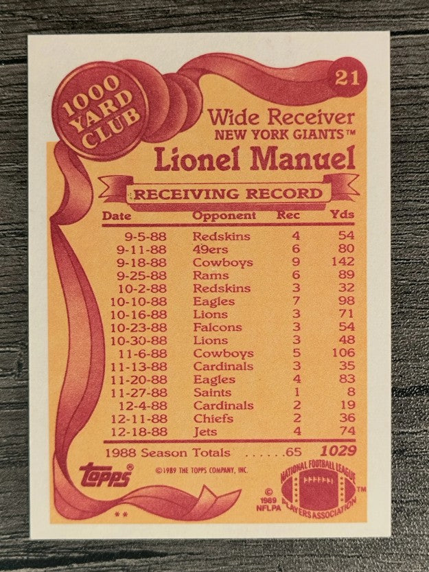 1989 Topps 1000 Yard Club #21 Lionel Manuel