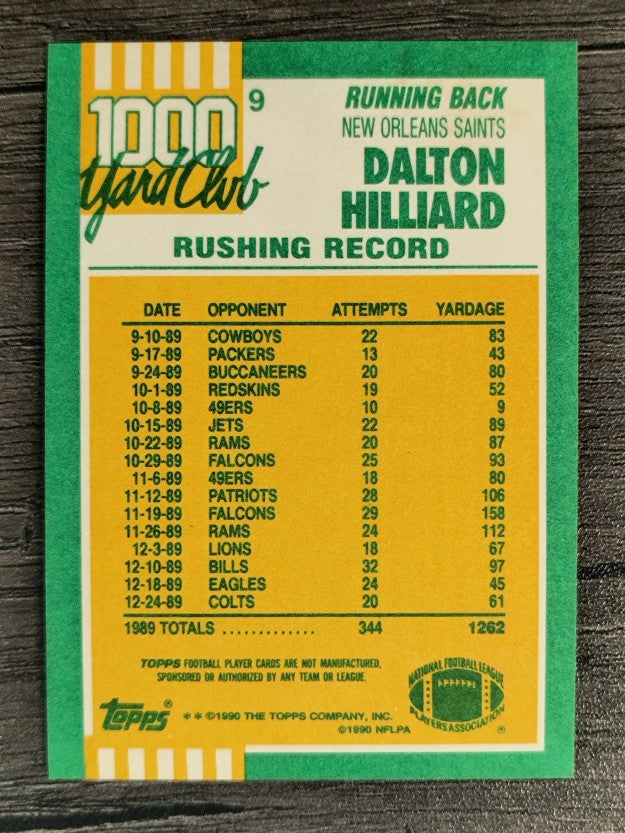 1990 Topps 1000 Yard Club Disclaimer Back #9 Dalton Hilliard