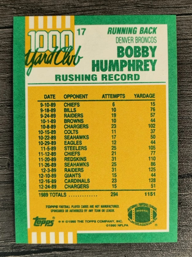 1990 Topps 1000 Yard Club Disclaimer Back #17 Bobby Humphrey